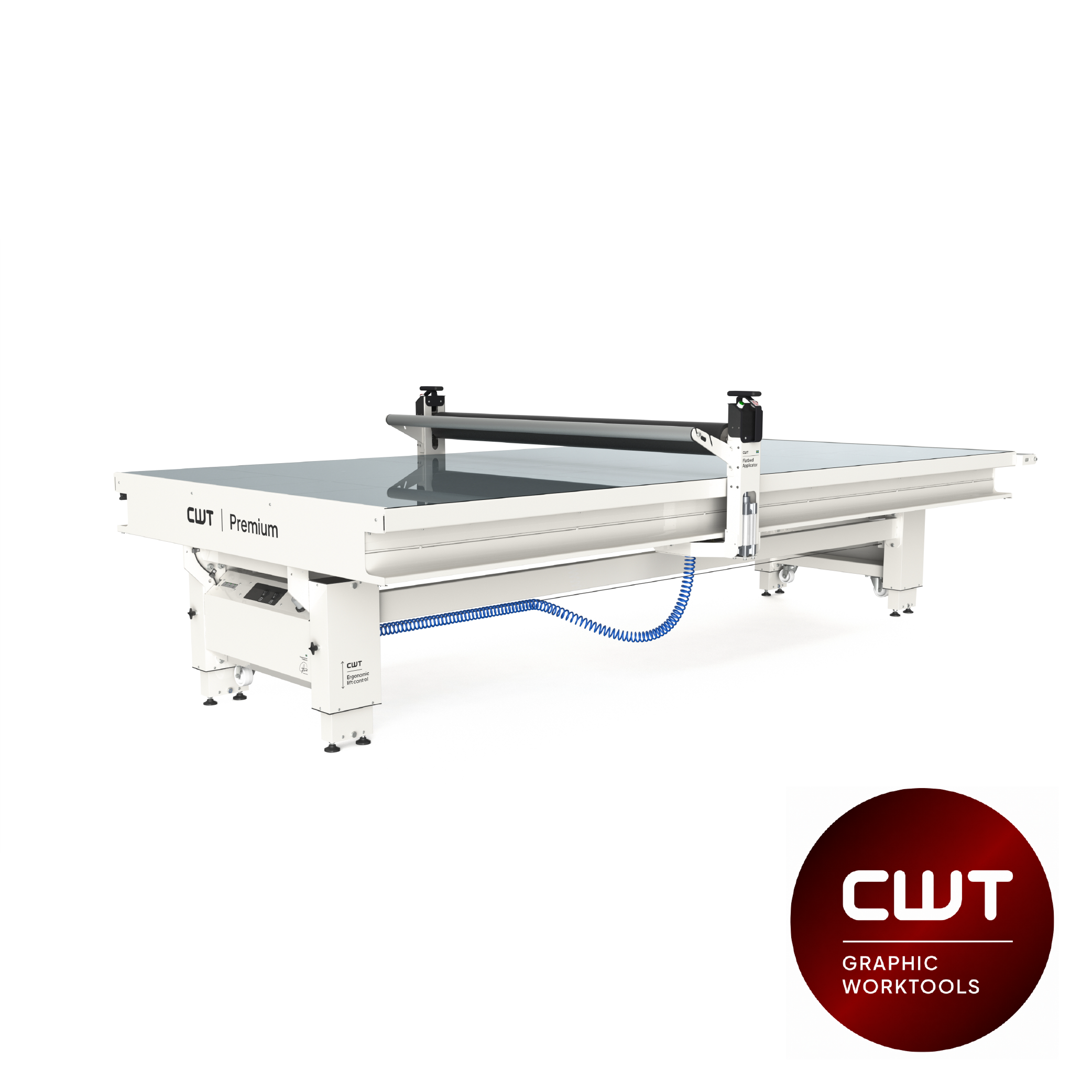 CWT Premium Series flatbed applicator table with LED lighting and electronic height adjustment for high volume production
